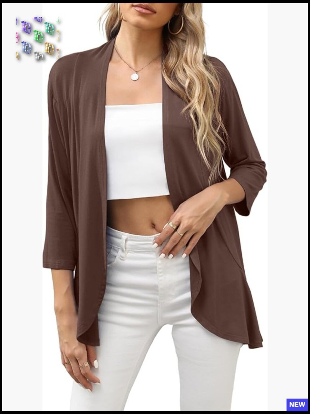 Lightweight Open Front Cardigan 3/4 Sleeve Ruffles Draped Soft Casual Chic